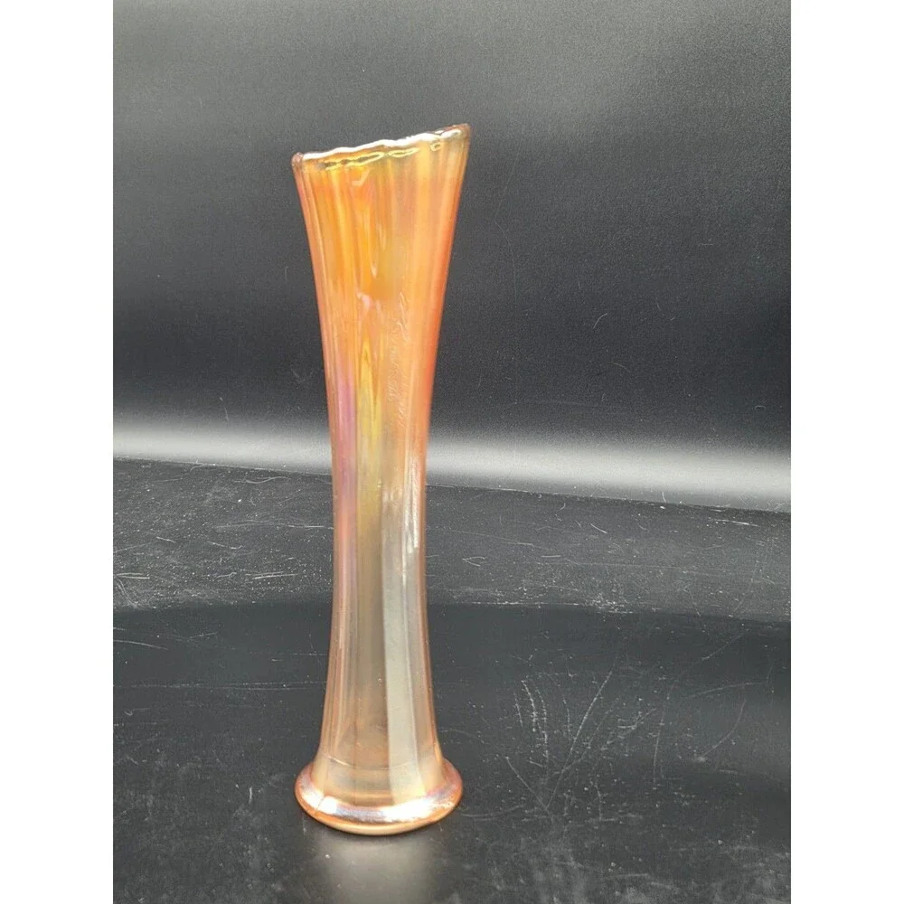 Vintage Amber Marigold Carnival Glass Opalescent Swung 9.5” Vase